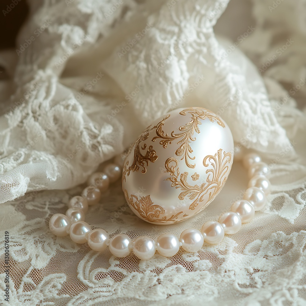 Pearl necklace, ornate egg, lace. Easter card Pearl necklace, ornate egg, lace. Easter card