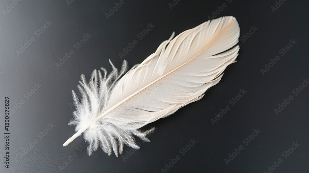 Delicate white feather resting on a dark surface, showcasing intricate details and soft textures, ideal for artistic use