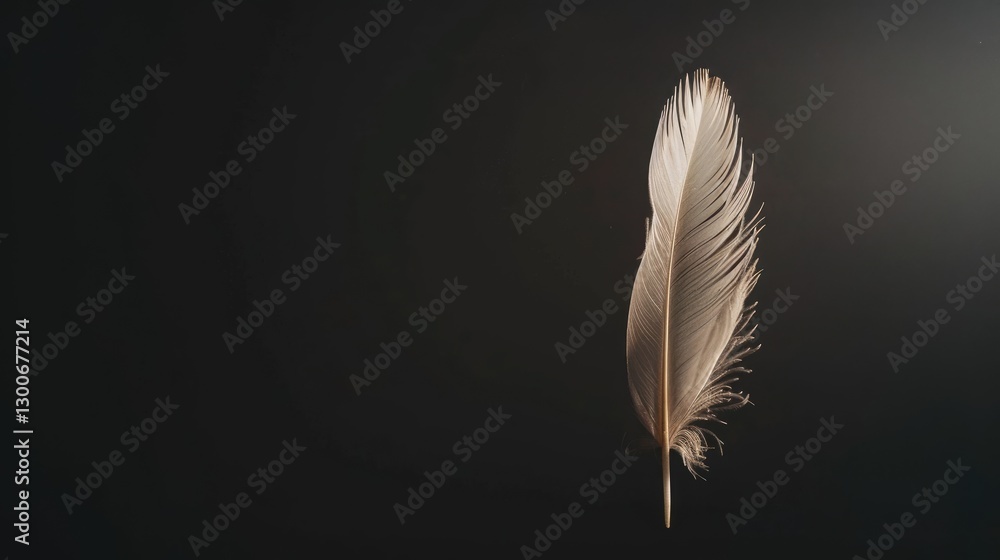 A delicate, softly lit feather suspended against a dark background, symbolizing lightness and tranquility