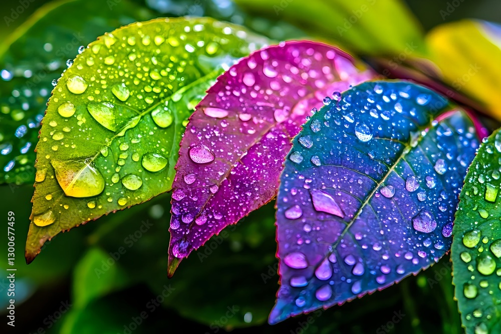 Vibrant Dewdrops on Colorful Leaves - Macro Photography Vibrant Dewdrops on Colorful Leaves - Macro Photography