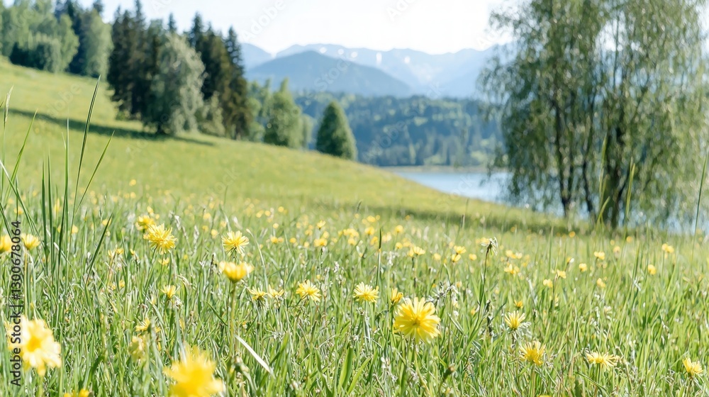 Fototapeta premium Spring Meadow Landscape Yellow Wildflowers Green Grass Lake Mountains