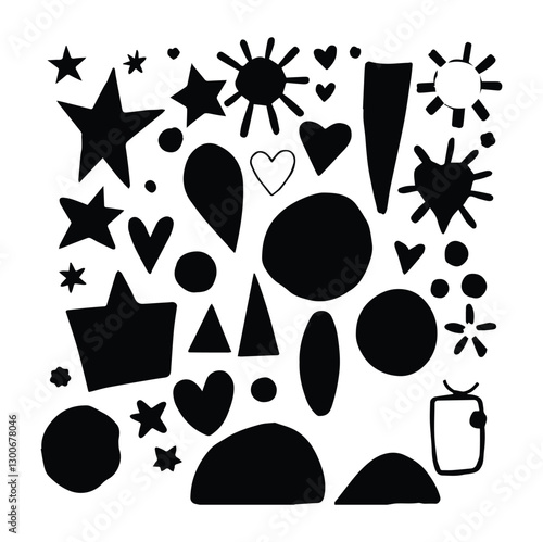 Set of silhouettes minimalistic bizarre abstract geometric unusual shapes and forms in matisse art style, Hand drawn monochrome primitive, Big vector doodle objects and graphic elements, set