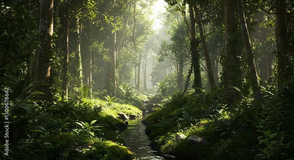 Lush Green Forest Stream Illuminated by Sunlight Through Trees Lush Green Forest Stream Illuminated by Sunlight Through Trees