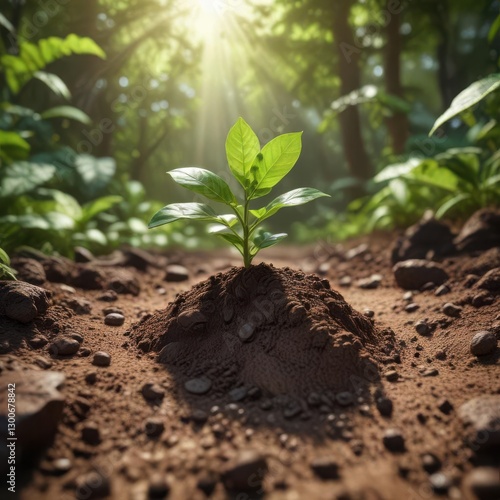 A coffee bean seedling emerges from the earth surrounded by lush greenery amidst natural foliage ,  green,  forest,  nature