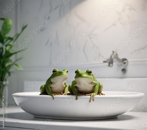 A large green frog sitting on a white porcelain sink,  sink,  porcelain,  kitchen