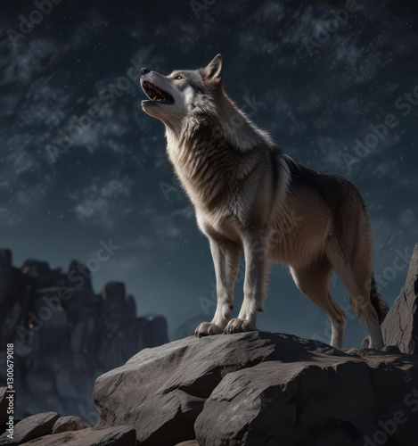 A massive grey wolf stands atop a rocky outcropping under starry night sky, letting out a haunting howl to the darkness,  darkness, wildlife