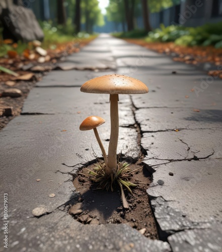 A mushroom growing through a cracked concrete sidewalk in a forested area,  growth,  nature,  mushrooms