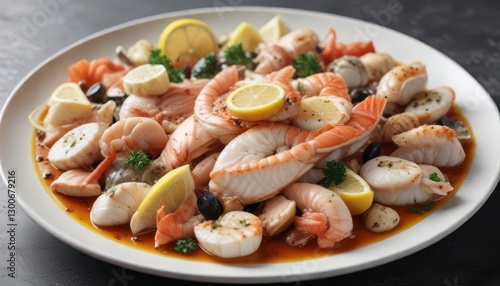 A plate of assorted seafood with a flat fish on top,  seafood platter,  food,  seafood