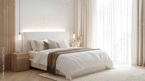 Airy Scandinavian bedroom featuring a soft white fabric headboard, flowing linen curtains, natural cotton bedspread, plush area rug beside the bed
