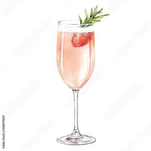 Watercolor illustration of a tall champagne glass filled with pink champagne and a fresh strawberry. A delicate and festive drink, perfect for celebrations and elegant designs
