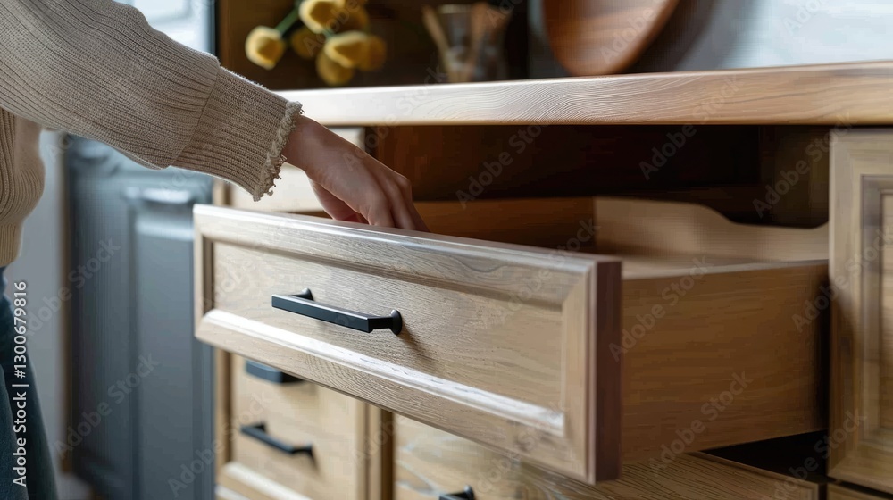 A person gracefully opening a wooden drawer in a cozy kitchen, surrounded by warm decor and soft lighting