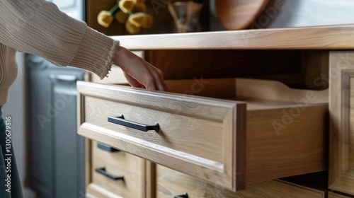 Obraz na płótnie A person gracefully opening a wooden drawer in a cozy kitchen, surrounded by warm decor and soft lighting w salonie