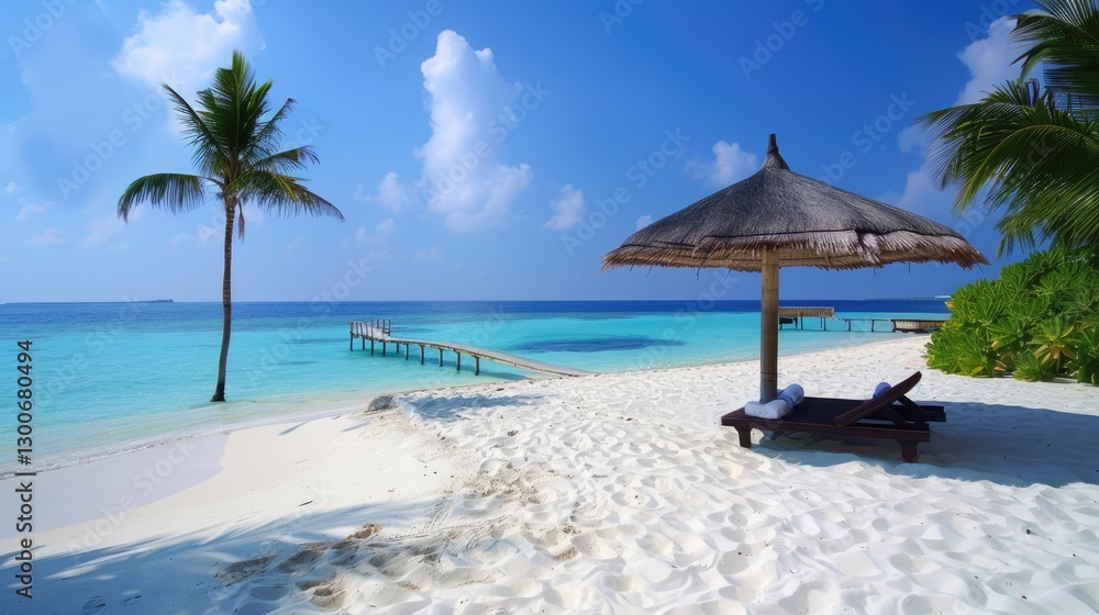 Serene tropical beach with a straw umbrella and lounge chair, calm turquoise waters, and distant jetty under a clear sky Serene tropical beach with a straw umbrella and lounge chair, calm turquoise waters, and distant jetty under a clear sky
