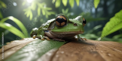 Close-up of a frog's face peeking out from behind a leaf,  outdoor,  green