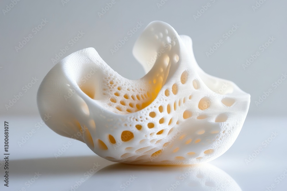 A complex white porous sculptural form on reflective surface. A complex white porous sculptural form on reflective surface.