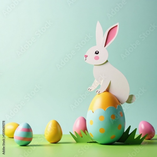 Colorful paper cut rabbit sitting on Easter egg , decoration, easter egg