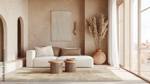 Clay beige terracotta living room featuring textured earthen walls, soft fabric sofa, handcrafted ceramic decor, light linen drapes, panoramic city square