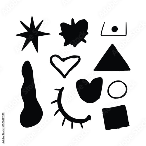 Set of silhouettes minimalistic bizarre abstract geometric unusual shapes and forms in matisse art style, Hand drawn monochrome primitive, Big vector doodle objects and graphic elements, set