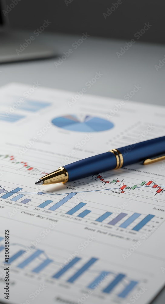 The elegant pen reflects professionalism and business analytics against the background of financial charts The elegant pen reflects professionalism and business analytics against the background of financial charts