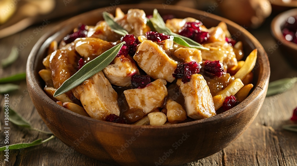 Thanksgiving poutine with roasted turkey chunks, sage-infused gravy, and cranberry cheese curds, plated in a rustic wooden bowl, warm autumn lighting