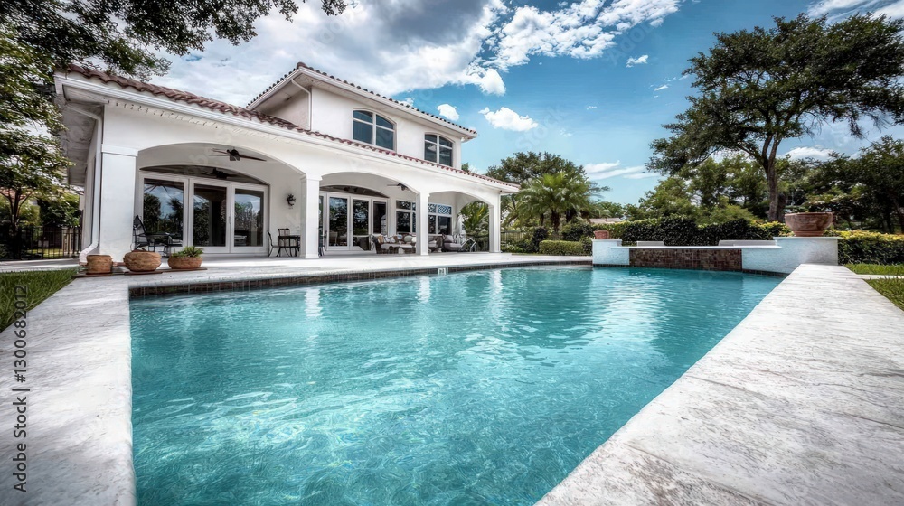 Fototapeta premium Luxury Home Poolside Oasis Tranquil White House Swimming Pool Summer Vacation