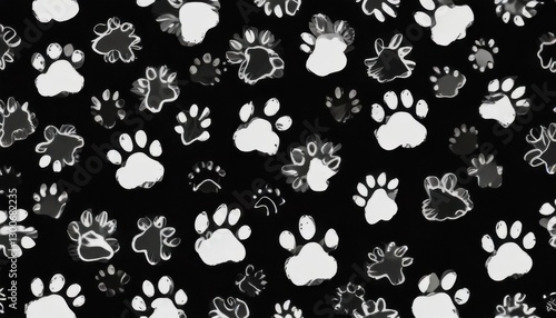 Doodle paw print seamless black background pattern, black doodle art,