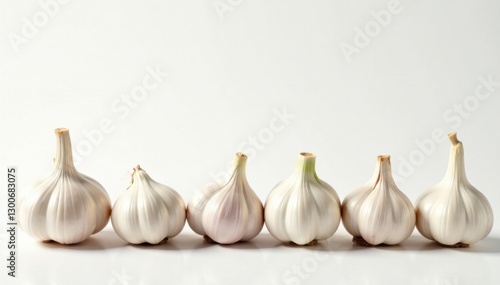 Fresh garlic bulbs lined up in a row with green stems on white background, ingredients, isolated