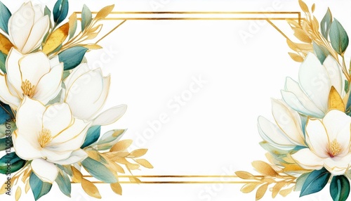 watercolowatercolor white magnolia bouquet with golden luxury square frame wedding invitation card templater white magnolia bouquet with golden luxury square frame wedding invitation card template