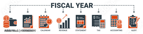 Fiscal year banner web icon vector illustration concept with icon of budgeting, reporting, calendar, revenue, statement, tax, accounting, and audit icons. Solid color vector symbol background.