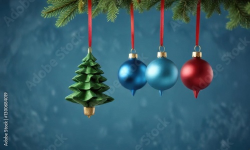 Hanging Christmas tree ornaments on blue background,  Holiday,  Festive ,  Tree