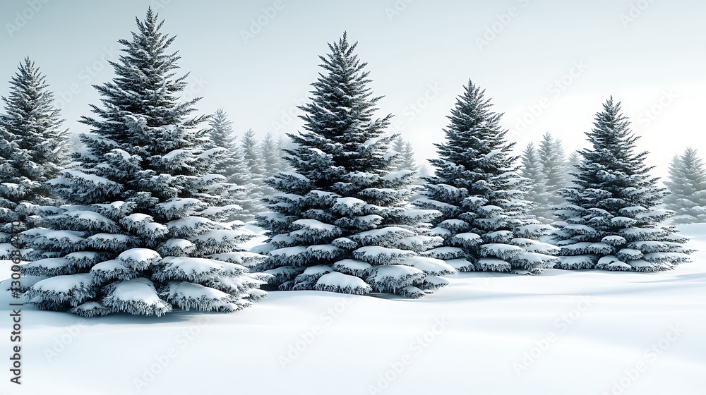 Snowy fir trees landscape; serene winter forest scene; use for greeting cards, wallpaper, or nature-themed background Snowy fir trees landscape; serene winter forest scene; use for greeting cards, wallpaper, or nature-themed background