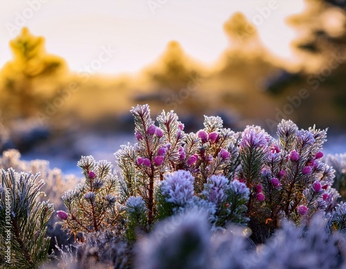 clear morning in the forest frozen blooming heather flowers closeup latvia