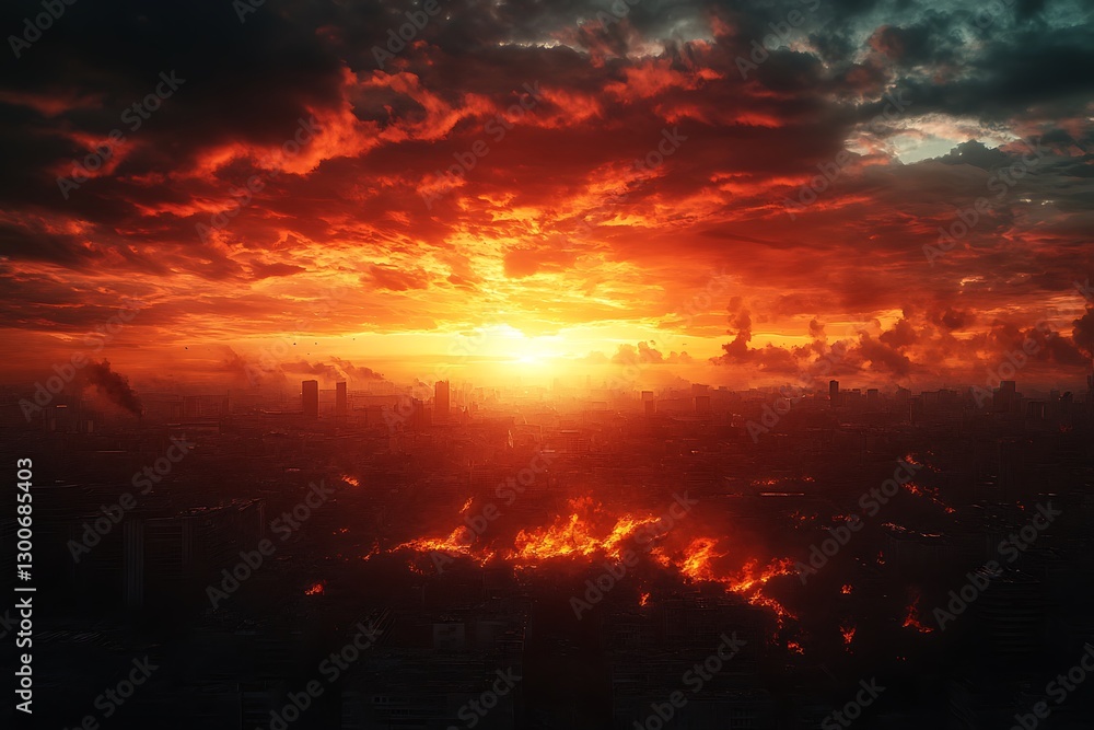 Fiery Sunset Over Burning Cityscape Fiery Sunset Over Burning Cityscape
