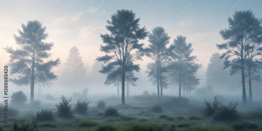 Obraz premium Misty morning landscape with misty fog and trees in the foreground against a soft light blue abstract background, landscape, atmospheric conditions, misty