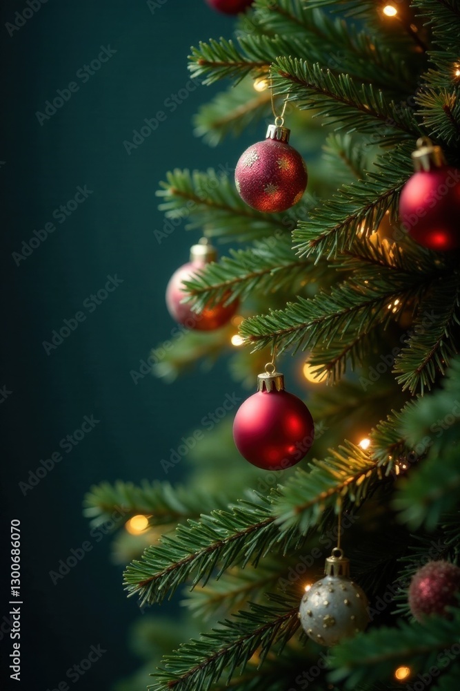 Ornamented evergreen branch with festive ornaments and lights, decorative branches, merry mood Ornamented evergreen branch with festive ornaments and lights, decorative branches, merry mood