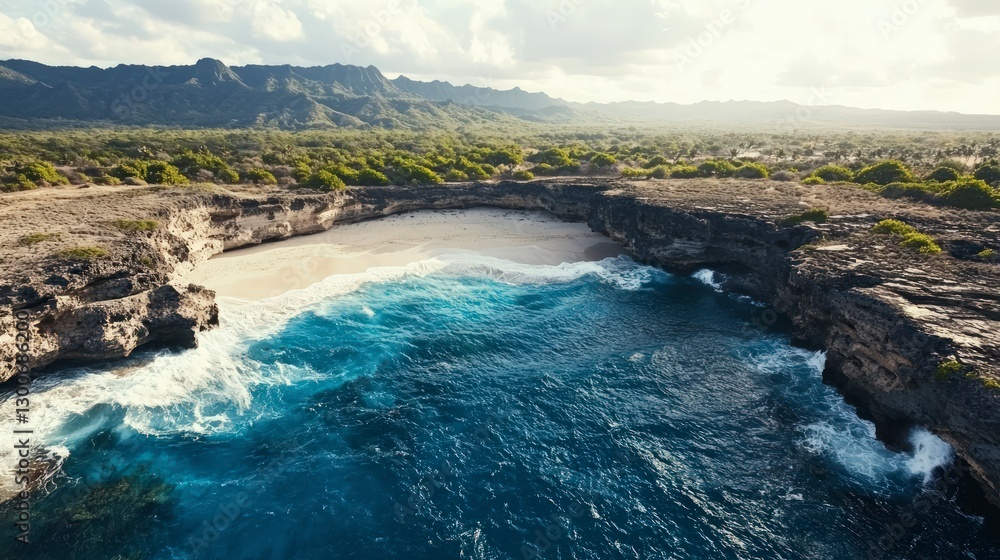 Secluded Cove Ocean Waves Crashing on Sandy Beach Tropical Landscape Secluded Cove Ocean Waves Crashing on Sandy Beach Tropical Landscape