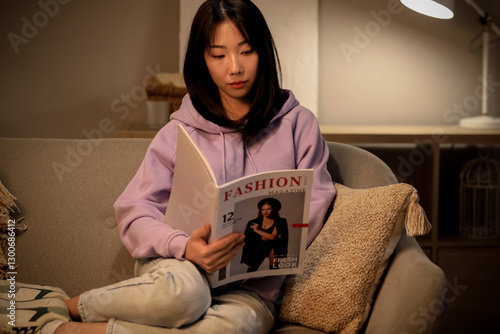 Young Asian woman reading m...