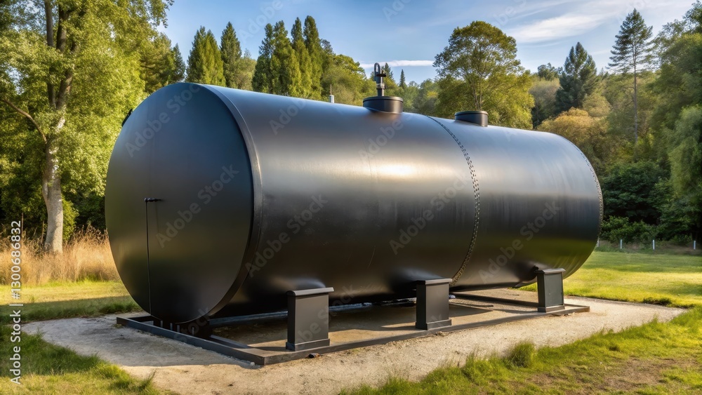 Large outdoor black steel oil tank for home heating system on a rural property, rural property, outdoor storage Large outdoor black steel oil tank for home heating system on a rural property, rural property, outdoor storage