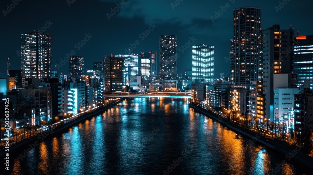 Night Lights Reflecting on the River in Tokyo's Urban Landscape Night Lights Reflecting on the River in Tokyo's Urban Landscape