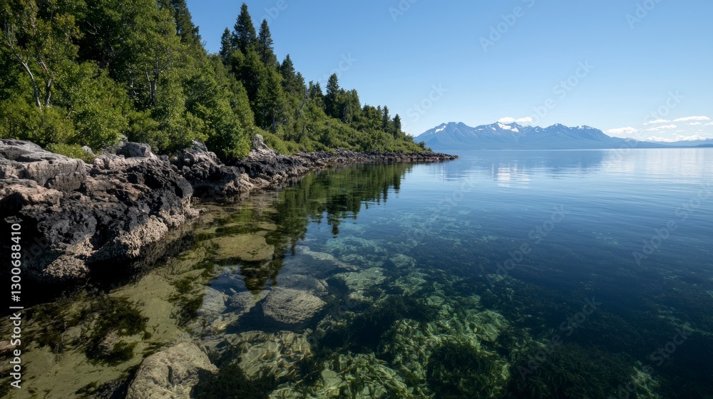 Obraz premium Serene Coastal Landscape Clear Water Rocks Forest Mountains
