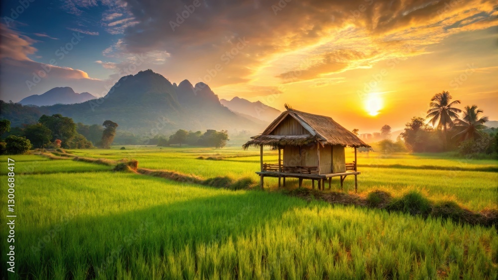 Bamboo hut nestled in a scenic rice paddy field in Laos at sunset with warm golden light and vibrant greenery, serene landscapes, tropical destinations Bamboo hut nestled in a scenic rice paddy field in Laos at sunset with warm golden light and vibrant greenery, serene landscapes, tropical destinations