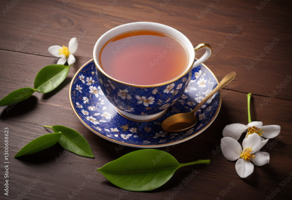 A cup of tea next to the petals and leaves A cup of tea next to the petals and leaves