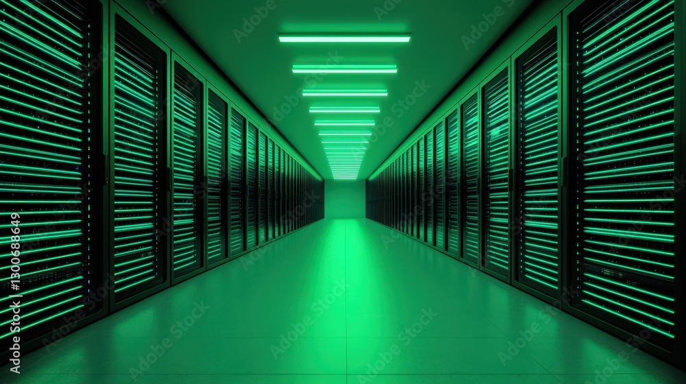 A long, green hallway with rows of computer servers A long, green hallway with rows of computer servers