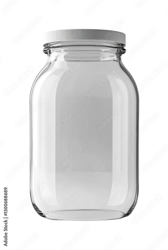 Clear glass jar for storage with a silver metal lid designed for kitchen organization or crafting use, cut out Clear glass jar for storage with a silver metal lid designed for kitchen organization or crafting use, cut out