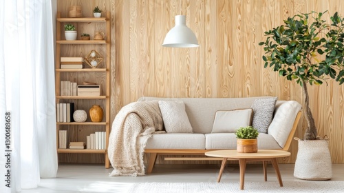 Wallpaper Mural Scandinavian modern vintage living room featuring light wooden wall panels, soft fabric sofa, retro decorative accessories, bookshelf with vintage ornaments Torontodigital.ca