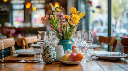 A restaurant table set with Easter-themed plates and centerpieces,