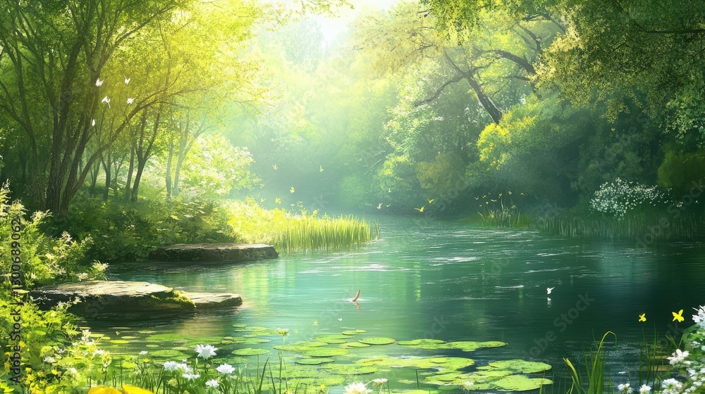 Fototapeta premium Playful Moments Around Lush Green Lakes in Spring Light