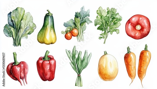 Sticker Set of Fresh Garden Vegetables Including Bell Peppers Carrots on White Background