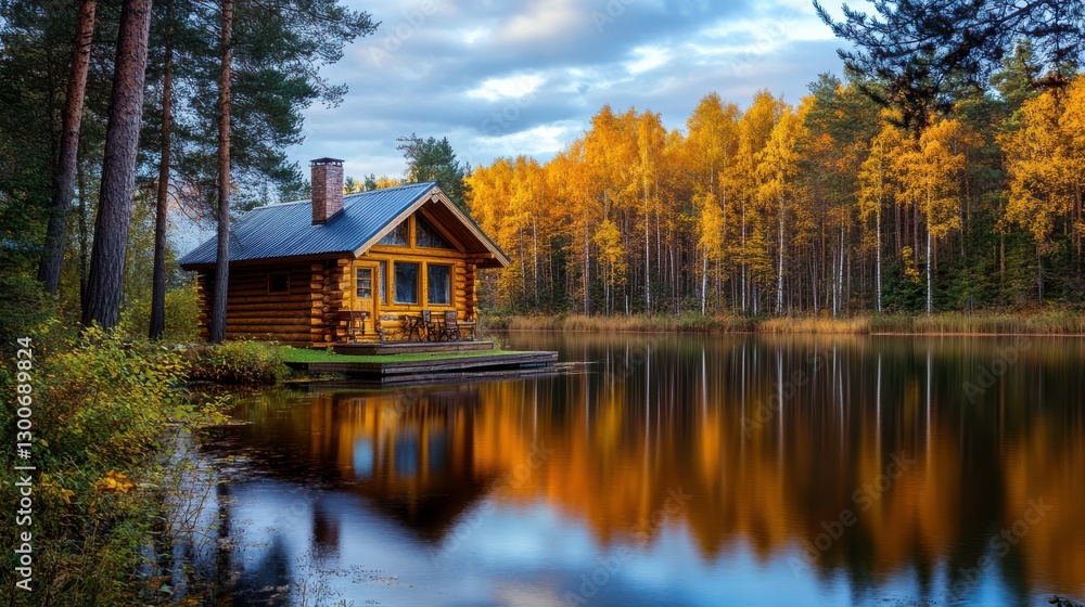 Rustic Cabin by Autumn Foliage at Twilight Rustic Cabin by Autumn Foliage at Twilight