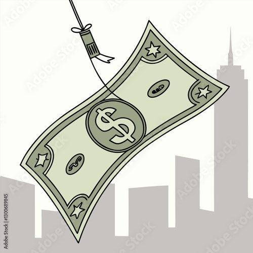 Dollar Bill Hanging on a String with a City Skyline Silhouette in the Background